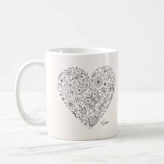 Mug Floral Heart Doodle Romantic Botanical Line Art