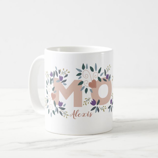 Mug Floral Maman Fête de la mère Nom personnalisé & An (Devant gauche)