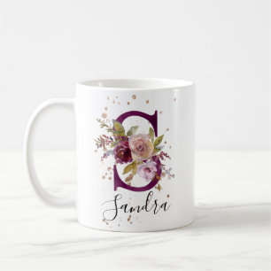 Mug Floral Maroon Blush Ajouter Nom Lettre S Monogramm