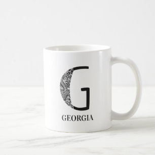 Mug Floral moderne noir et blanc initial G et nom