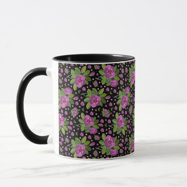 Mug Floral Pattern Lilac Pink Green Black (Gauche)