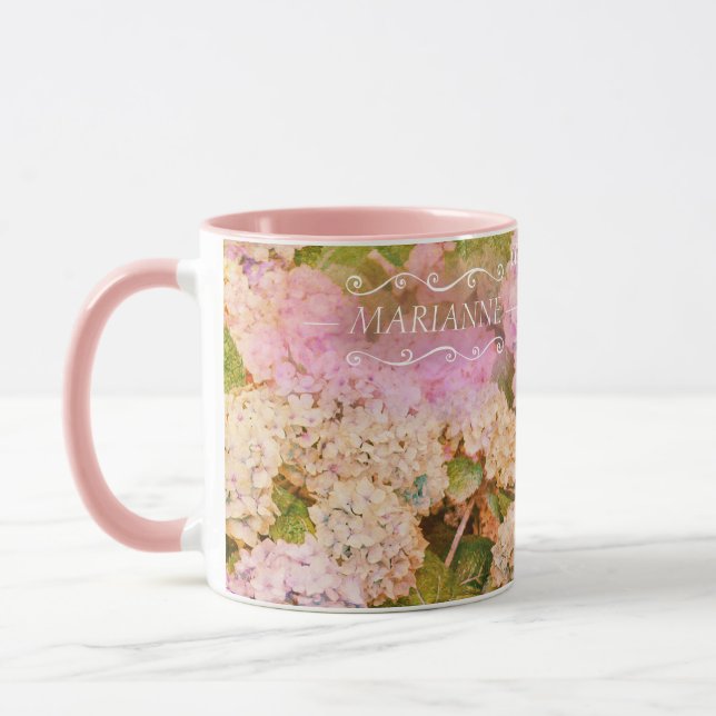 Mug Floral Pink Hydrangea Monogramme Nom Script (Gauche)