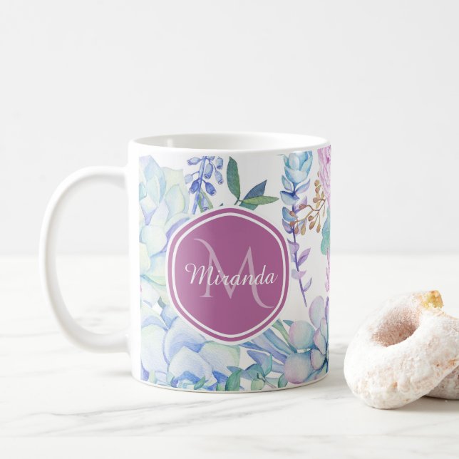 Mug Floral succulent pourpre et bleu élégant avec le (Avec donut)