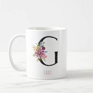 Mug Floral Watercolor G Monogram Name Black Polka Dot