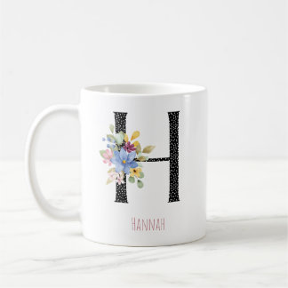 Mug Floral Watercolor H Monogram Name Black Polka Dot