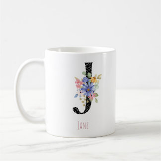 Mug Floral Watercolor J Monogram Name Black Polka Dot