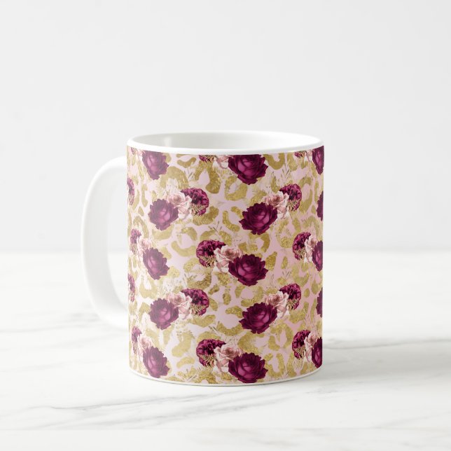 Mug Florales de roses roses Empreintes de léopard d'or (Devant gauche)