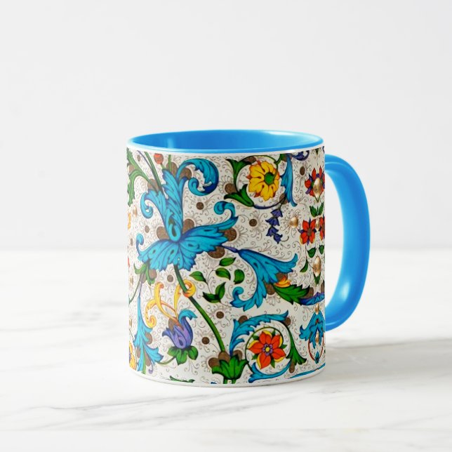 MUG FLORENTINE RENAISSANCE BLEU FLORAL SWIRLS, FLEURS (Devant droit)