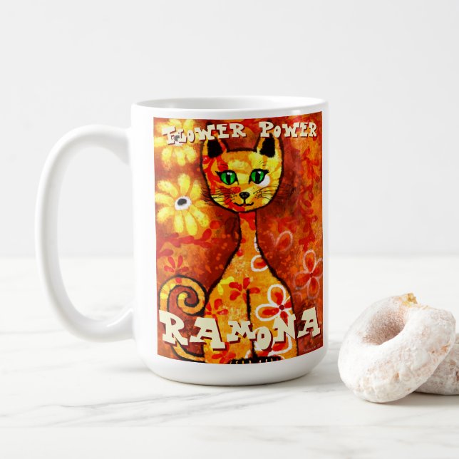 Mug Flower Power Retro Whimsical Cat Personalized (Avec donut)