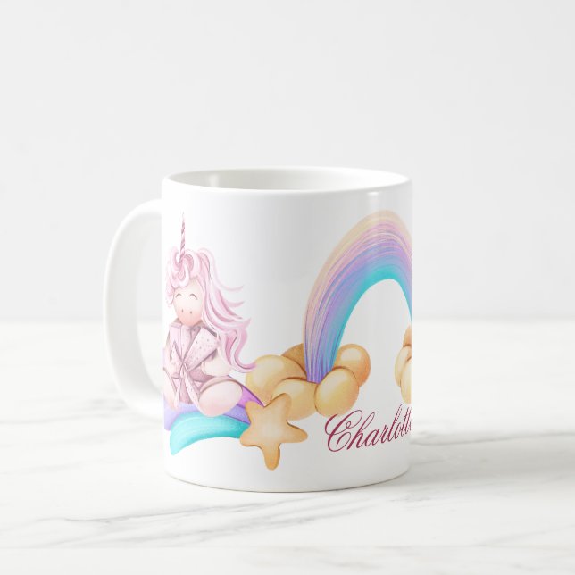 Mug Fluffy licorn magique arc-en-ciel nom personnalisé (Devant gauche)