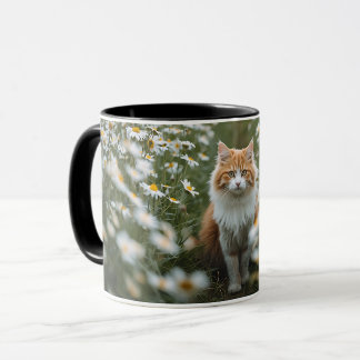 Mug Fluffy Orange & White Cat in Daisy Field Coffee Mu