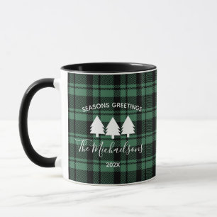 Mug Forest Green Holiday Plaid Monogramme Nom du café