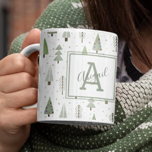 Mug Forêt de Noël moderne Sage Green Monogramme