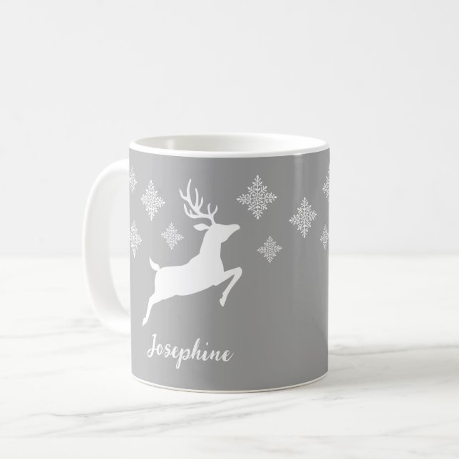 Mug Formes De Cerfs Blanches Sur Gris Avec Snowflakes  (Devant gauche)
