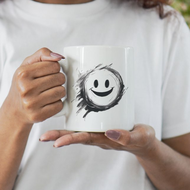 Mug Fou joyeux visage souriant noir et blanc (Crazy happy smiley face coffee cup mug)