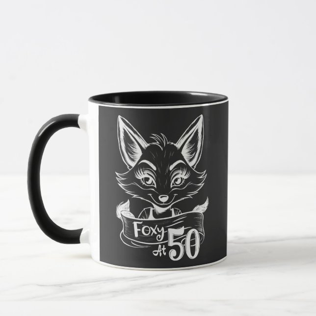 Mug Foxy At 50, Happy 50th Birthday Fox/Vixen Black (Gauche)