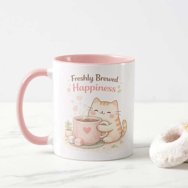 Mug Freshly Brewed Kawaii Cute Kitty Cat Coffee Pink (Avec donut)