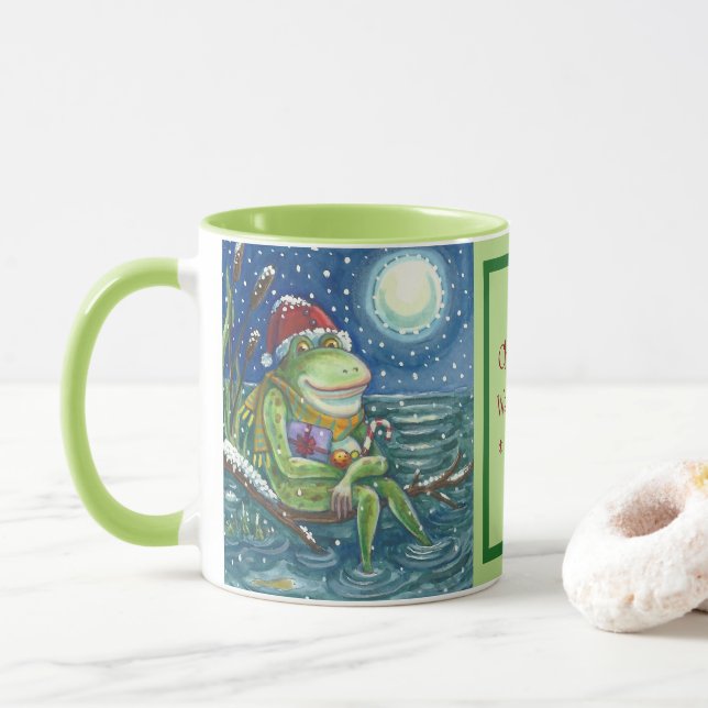 MUG FROG SUR UN JOURNAL, CHARMANT BULLFROG DE NOËL (Avec donut)