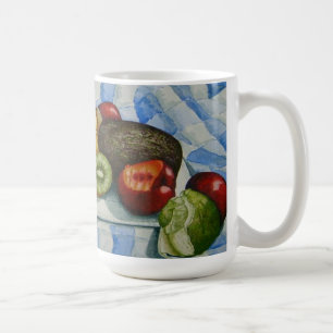 Mug fruits exotiques mortes art bleu blanc nappe de ta