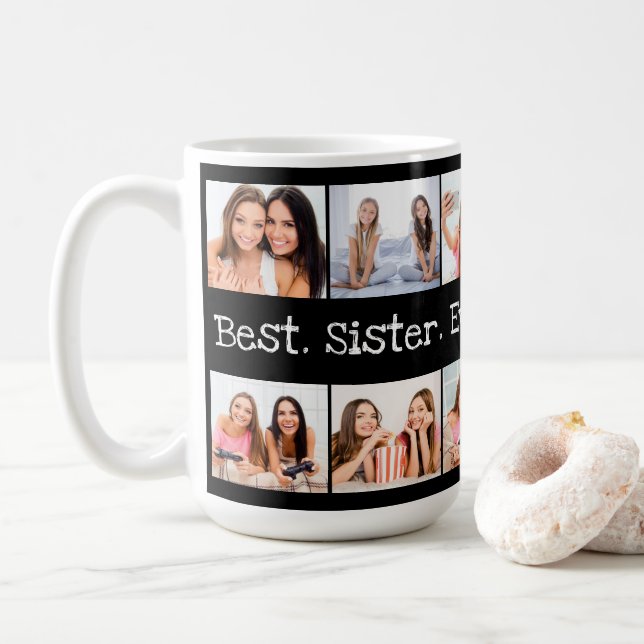 Mug Fun Best Sister Ever Photo Collage noir et blanc (Avec donut)