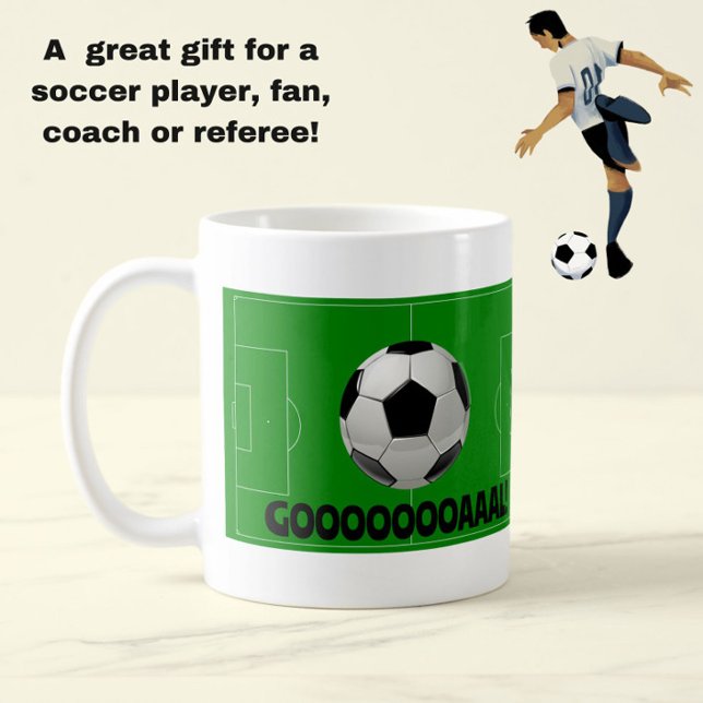 Mug Fun Soccer Ball et Pitch BUT! (Football) Sports (A fun black, white and green soccer mug, celebrating goals!)