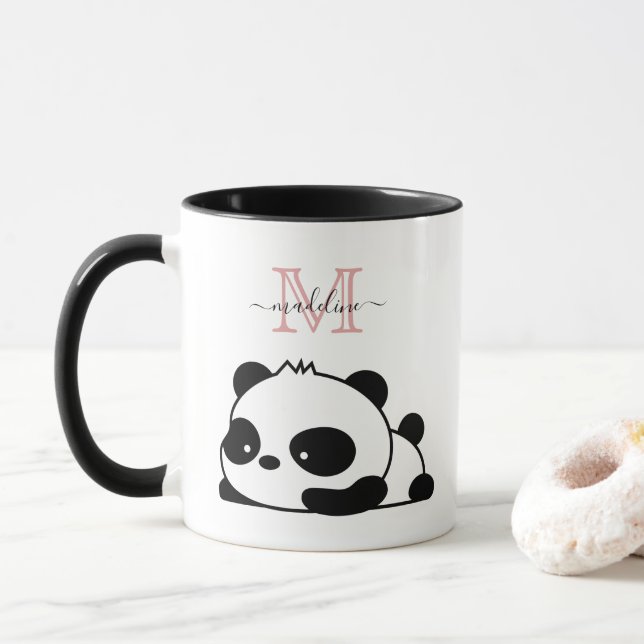 Mug Funky Panda Moderne Pink Monogramme (Avec donut)