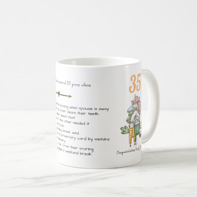 Mug FUNNY 35e anniversaire Mariage Unicornes Customisé (Devant droit)