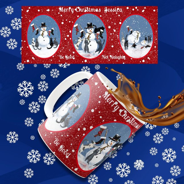 Mug Funny Cats and Snowman Red Personnalisé (A holiday mug that tells a cat tale about curious cats playing with a snowman. Naughty or nice?)