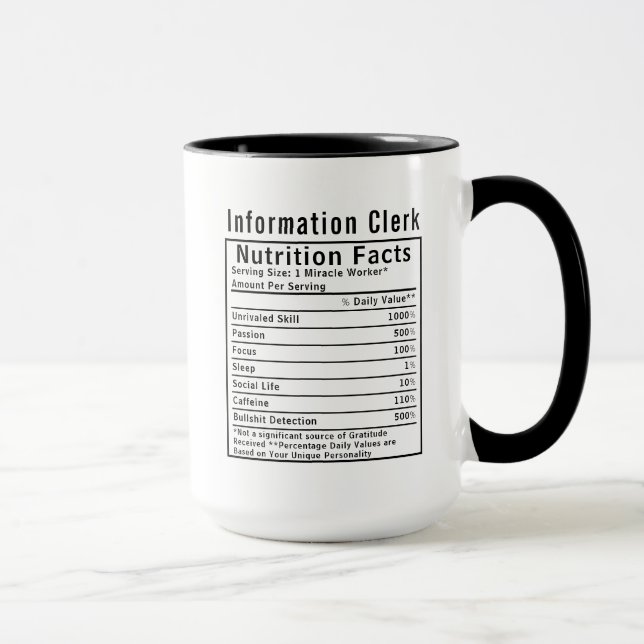 Mug Funny Information Clerk Nutrition Facts Staff Gift (Droite)