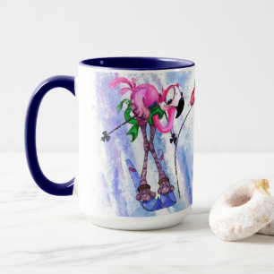Mug Funny Pink Flamant rose Skier - Cartoon Peinture a