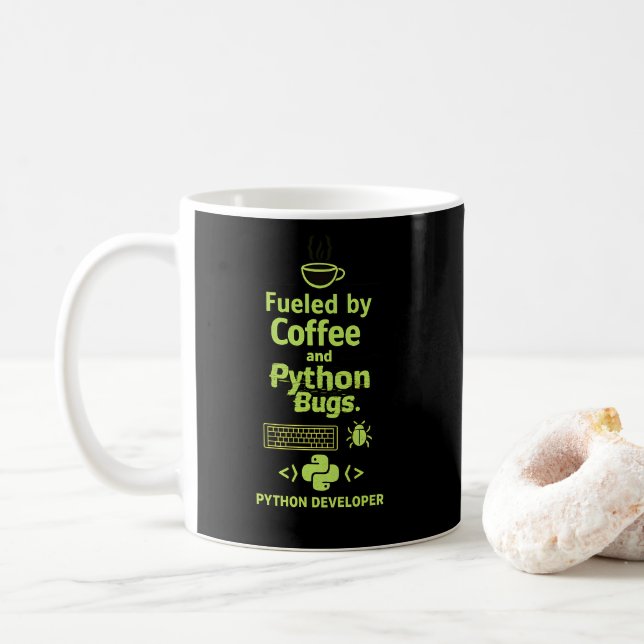 Mug Funny Python Developer – Fueled by Coffee bugs  (Avec donut)