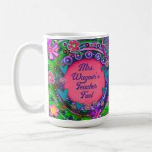 Mug Funny rose "Carburant enseignant" Nom personnalisé