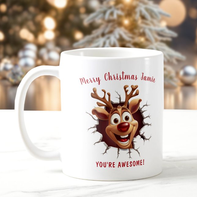 Mug Funny Rudolph rompu par le nom Noël (Funny Rudolph breaking through Name Christmas Coffee Mug)