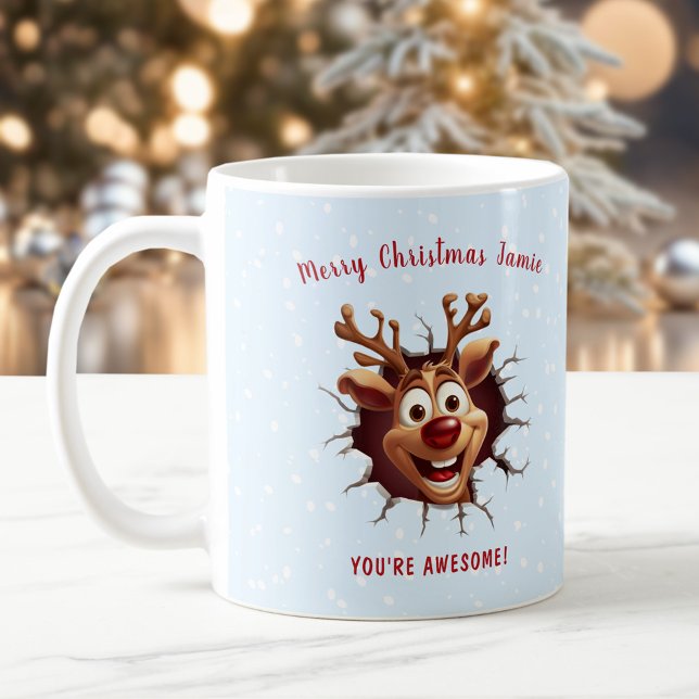 Mug Funny Rudolph rompu par le nom Noël bleu (Funny Rudolph breaking through Name Blue Christmas Coffee Mug)