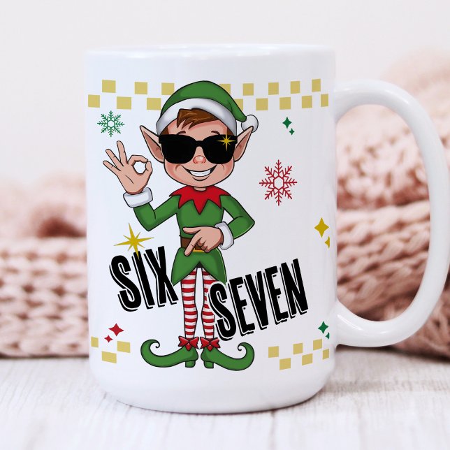 Mug Funny Six Seven 67 6 7 Meme Christmas Elf Holiday (Six seven 67 funny meme trending retro Xmas santa's elf holiday humor Christmas coffee mug gift)