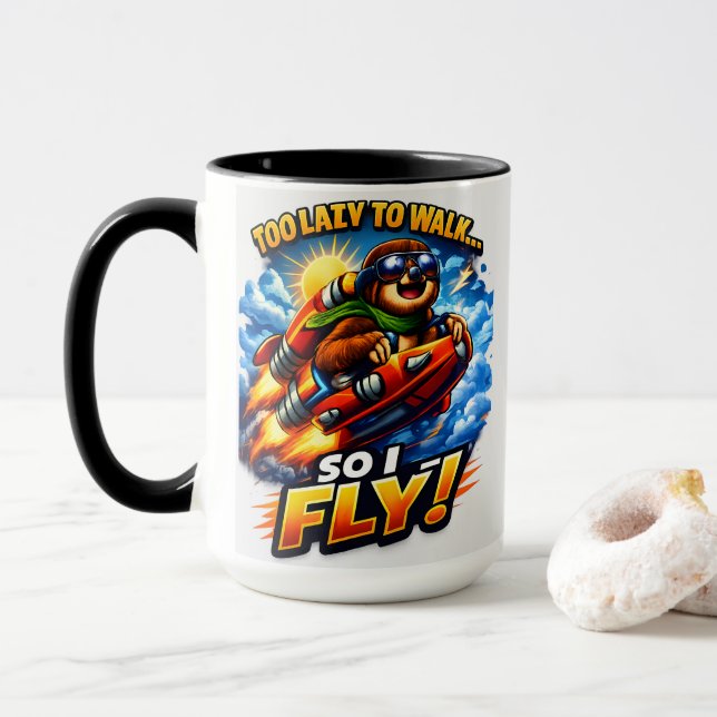 Mug Funny Sloth Rocket Meme, Too Lazy to Walk So I Fly (Avec donut)