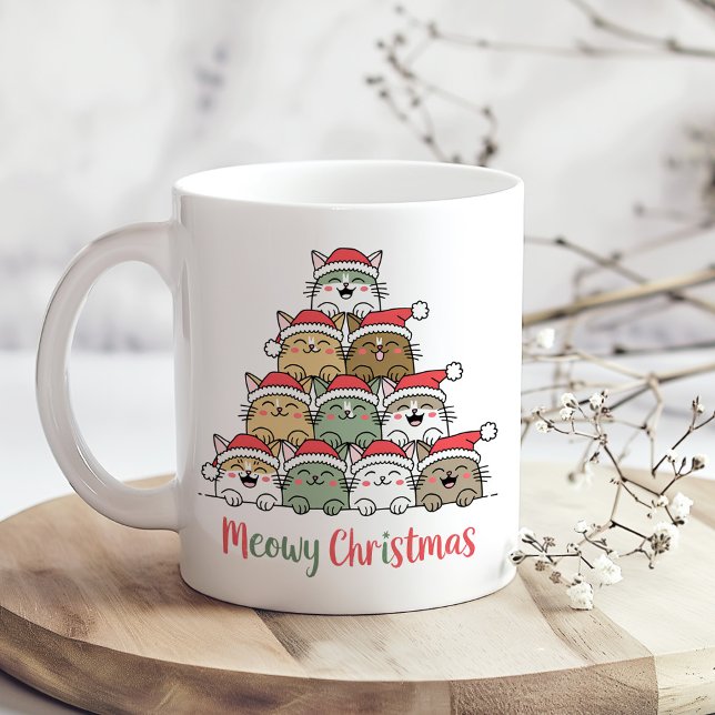 Mug Funny Stacked Cats Meowy Christmas Tree (Funny Stacked Cats Meowy Christmas Tree Coffee Mug on wooden kitchen table)