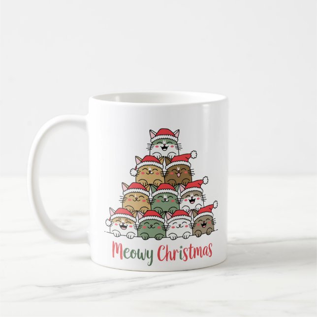 Mug Funny Stacked Cats Meowy Christmas Tree (Gauche)