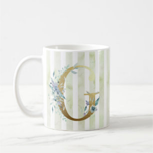 Mug G initial doré sur bandes bleu et blanc