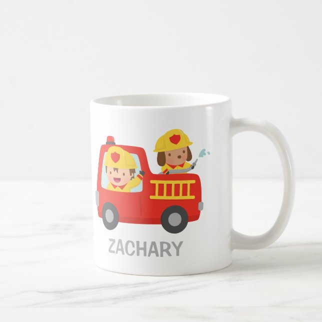 Mug Garçon et chien mignons de pompier dans le camion (Droite)