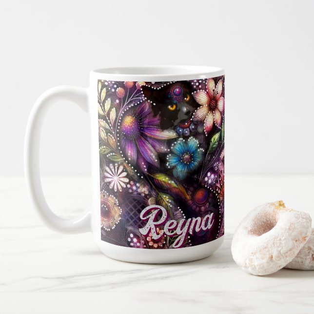 Mug Garden Kitty Cat Floral Abstract Personalized (Avec donut)