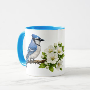 Mug Geai bleu avec des fleurs blanches