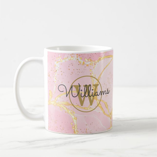 Mug Géode d'agate rose Monogramme Or Nom de script (Gauche)