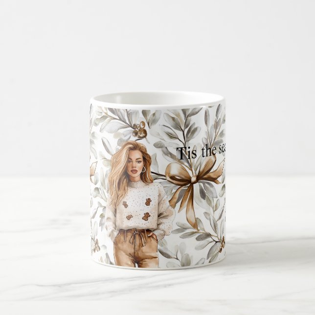 Mug Gingerbread Brown Blond Girl Christmas Bow (Centre)