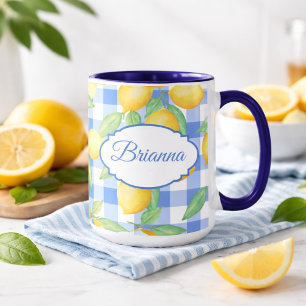 Mug gingham bleu et blanc avec impression de citro
