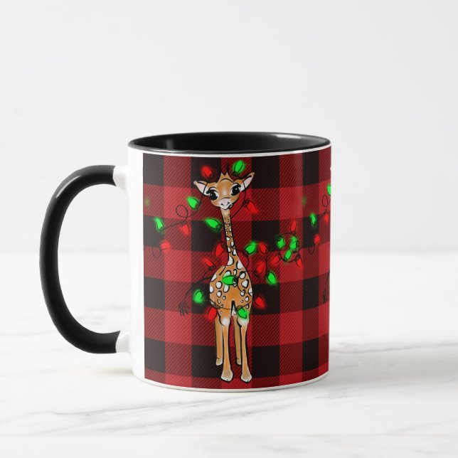 Mug Giraffe de vacances, tartan rouge, lumières scinti (Gauche)