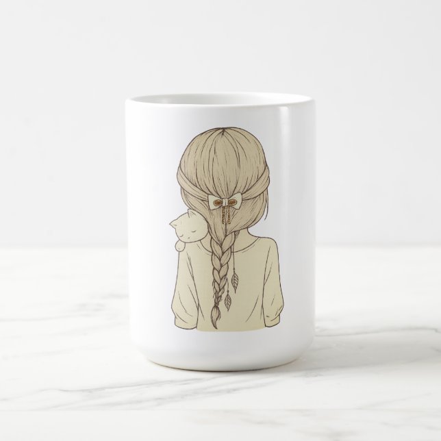 Mug Girl with Braid and Cat Illustration – Soft Pastel (Centre)