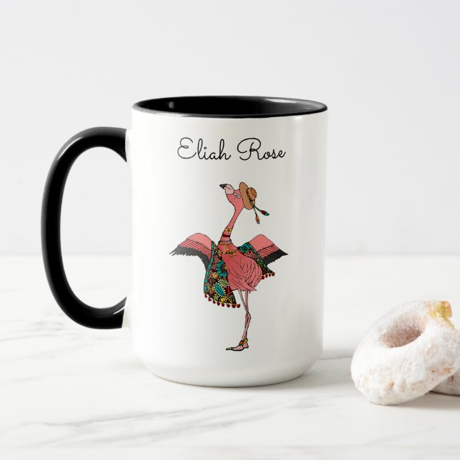 Mug Girlie Personnalisé rose Flamant rose et nom de la (Avec donut)
