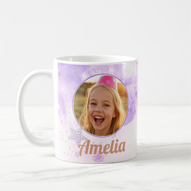 Mug Girls Purple Bubbles Photo Name Birthday (Gauche)