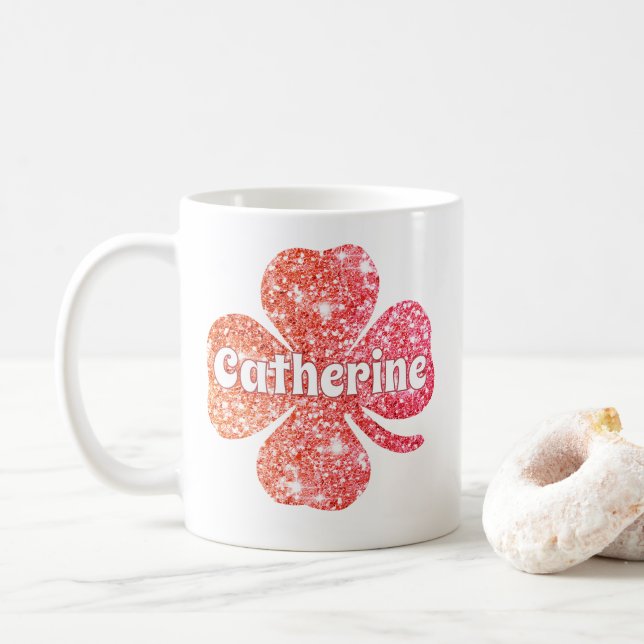 Mug Glam Girly Rouge Pailleté Trèfle Chanceux Nom  (Avec donut)